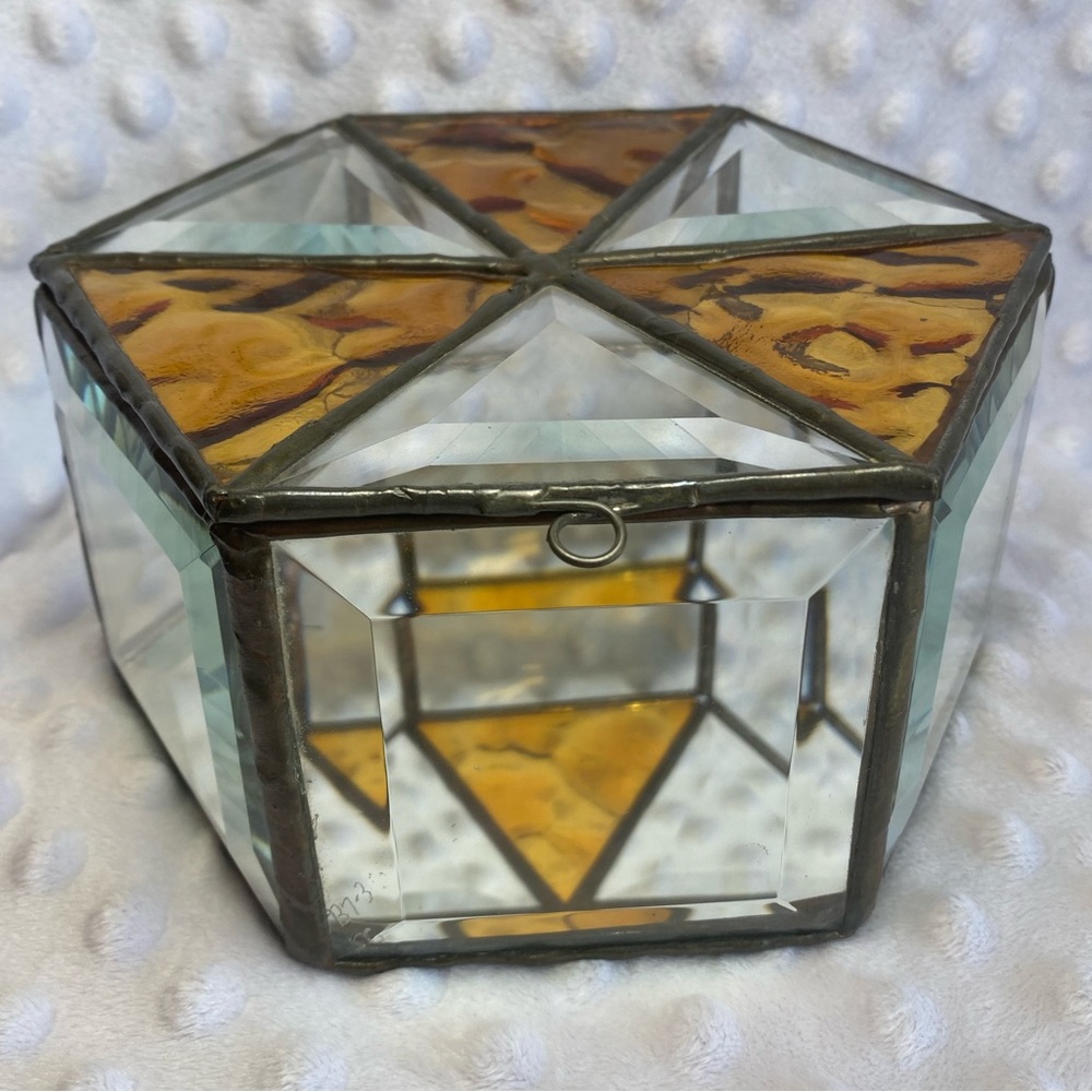 Vintage Glass Hinged Trinket Box with Mirror Bottom